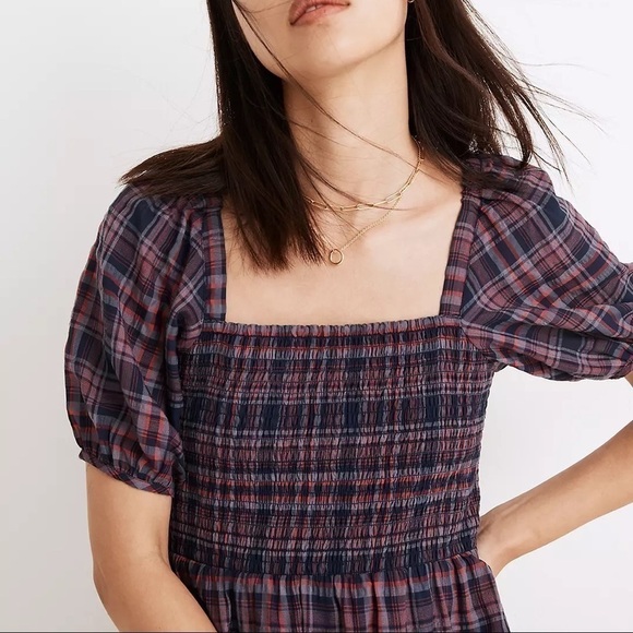 Madewell Lucie Puff-Sleeve Smocked Mini Dress in Rockfern Plaid XXS - Picture 3 of 11